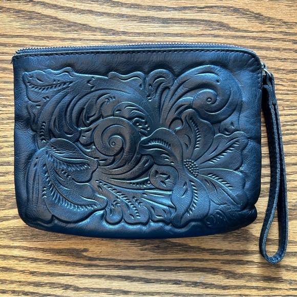 Patricia Nash Handbags - Patricia Nash Black Leather Bag with Floral Tooling Detail Zip Closure